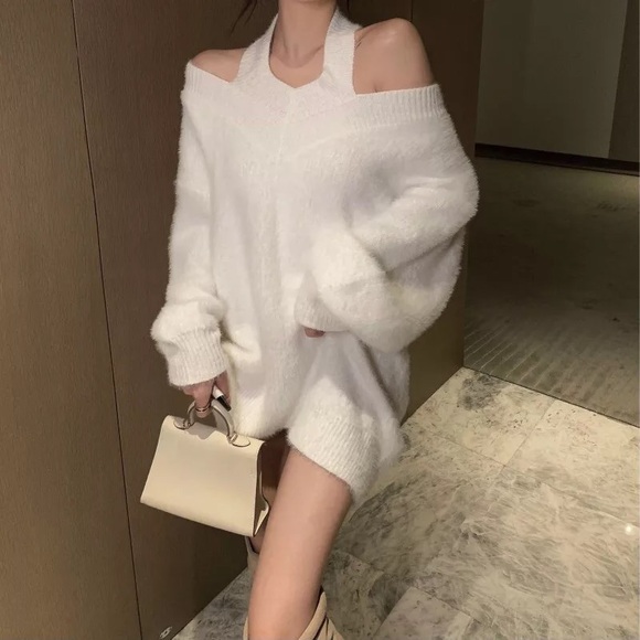 Sweater dress shirt halter reversible style white womens off shoulder - Picture 2 of 16
